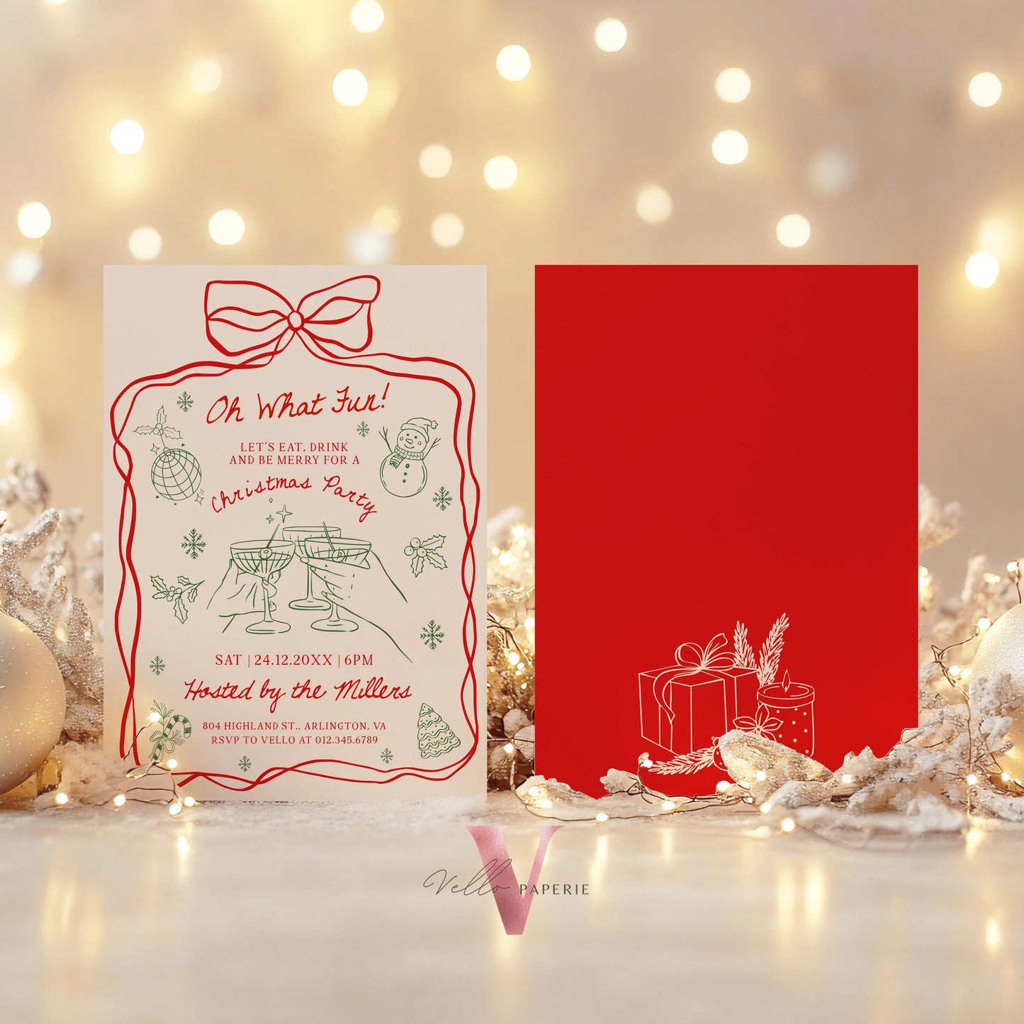 Full Editable Handdrawn Merry Little Christmas Party Invitation | Whimsical Friendsmas Party Invite | Red Green Holiday Cocktail Party WCP01