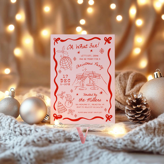 Full Editable Handdrawn Merry Little Christmas Party Invitation | Whimsical Friendsmas Party Invite | Red Green Holiday Cocktail Party WCP01