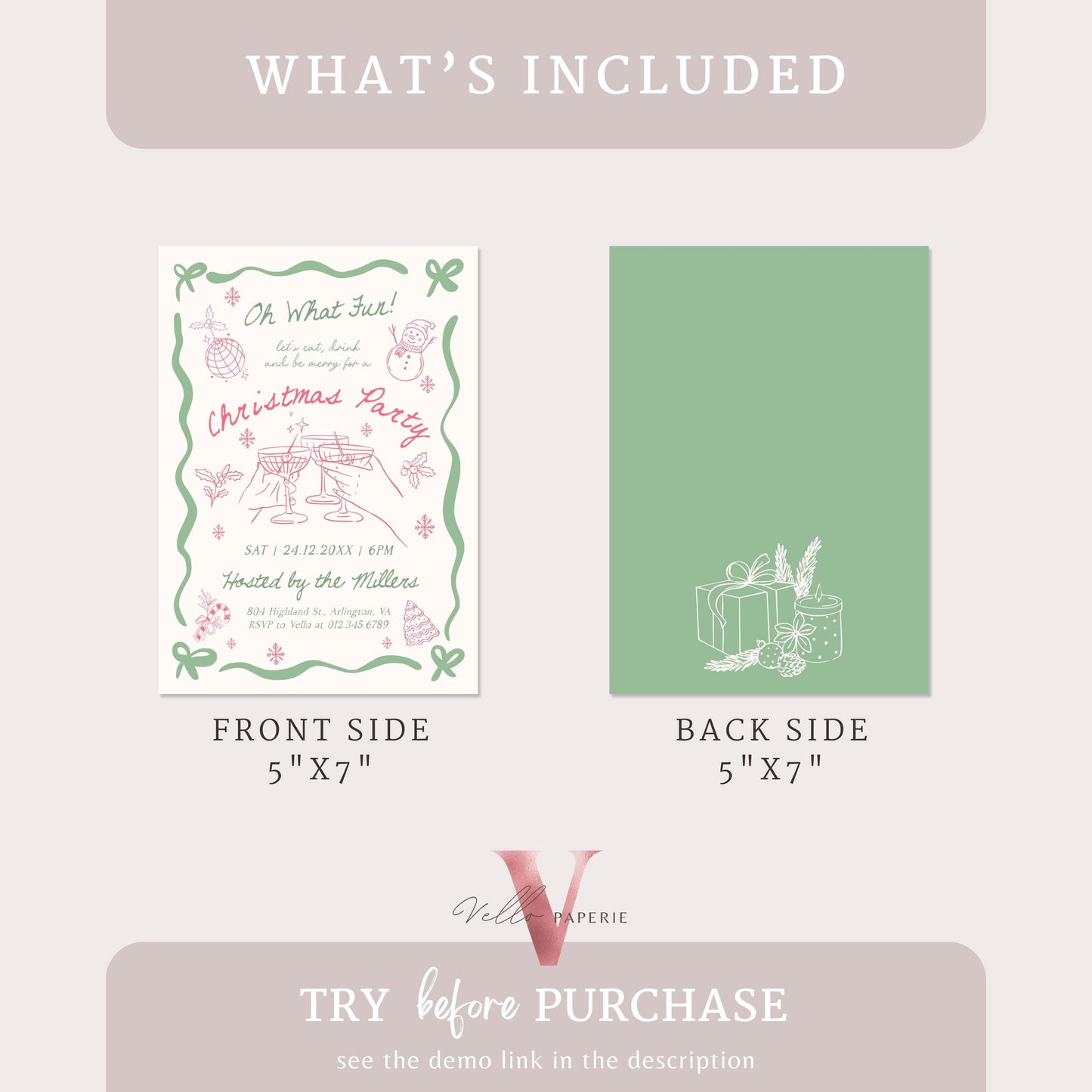 Full Editable Handdrawn Merry Christmas Party Invitation | Whimsical Friendsmas Party Invite | Pink Green Holiday Cocktail Party WCP01