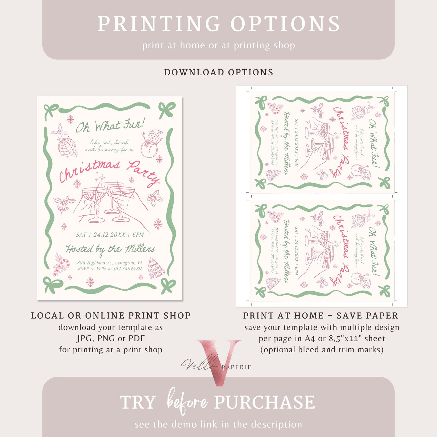 Full Editable Handdrawn Merry Christmas Party Invitation | Whimsical Friendsmas Party Invite | Pink Green Holiday Cocktail Party WCP01