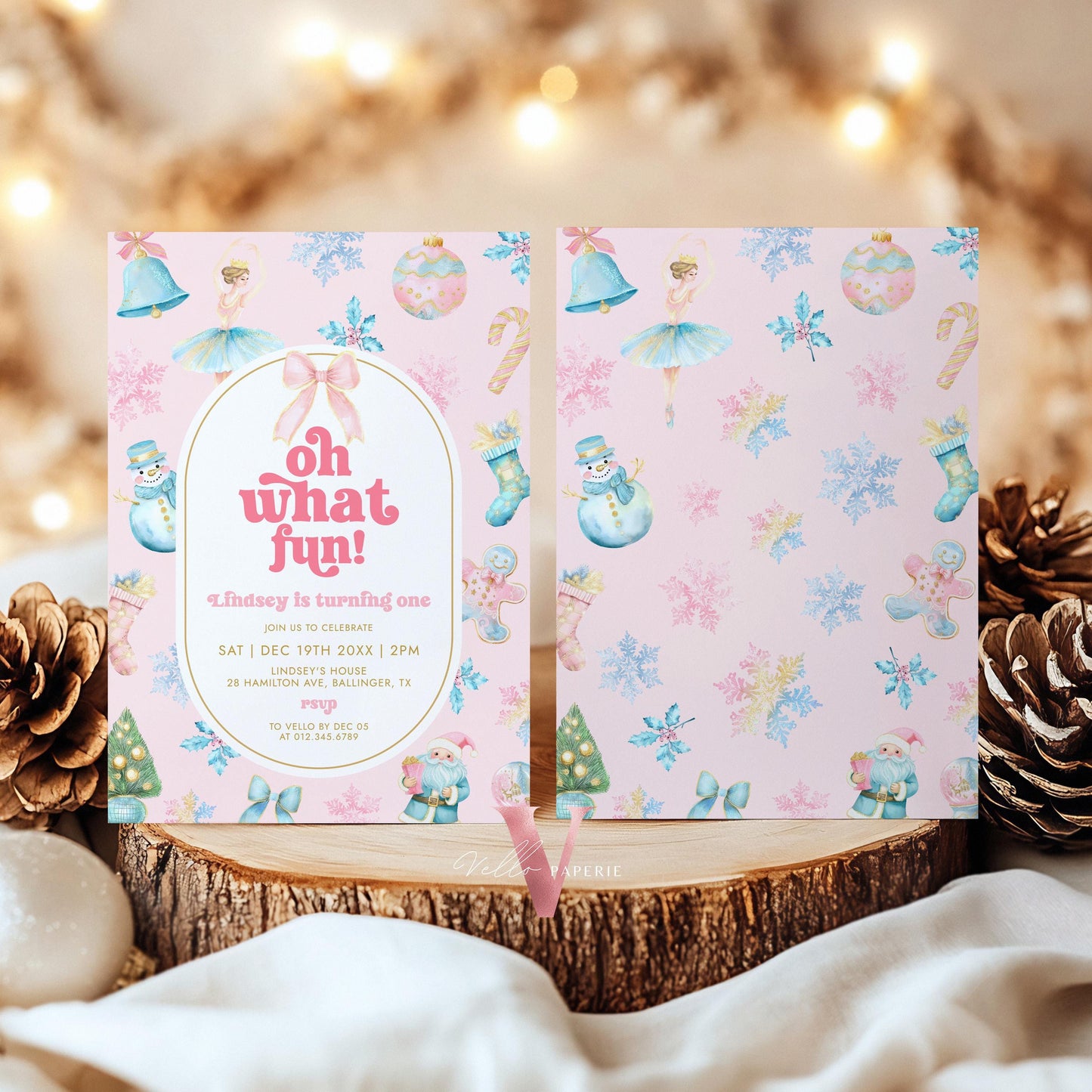 Editable Oh What Fun Christmas Birthday Party Invitation | Pink Blue Winter Wonderland Invite | Any Age Birthday Party Santa Christmas Decor