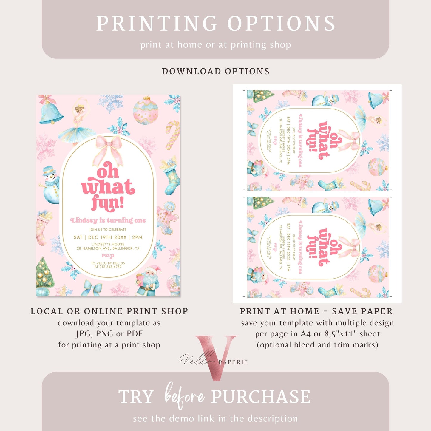 Editable Oh What Fun Christmas Birthday Party Invitation | Pink Blue Winter Wonderland Invite | Any Age Birthday Party Santa Christmas Decor