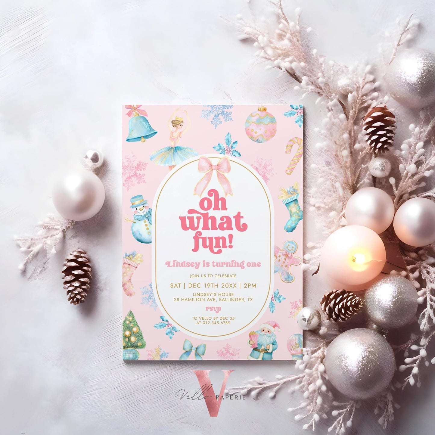 Editable Oh What Fun Christmas Birthday Party Invitation | Pink Blue Winter Wonderland Invite | Any Age Birthday Party Santa Christmas Decor
