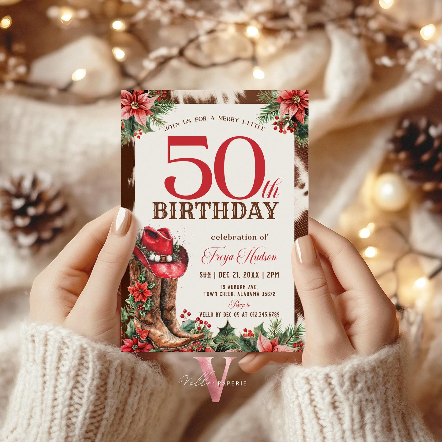 Editable "AGE" Western Christmas Birthday Party Invitation | Merry Little Cowboy Holiday Birthday Party Invite | Rustic Boots Country WCH01