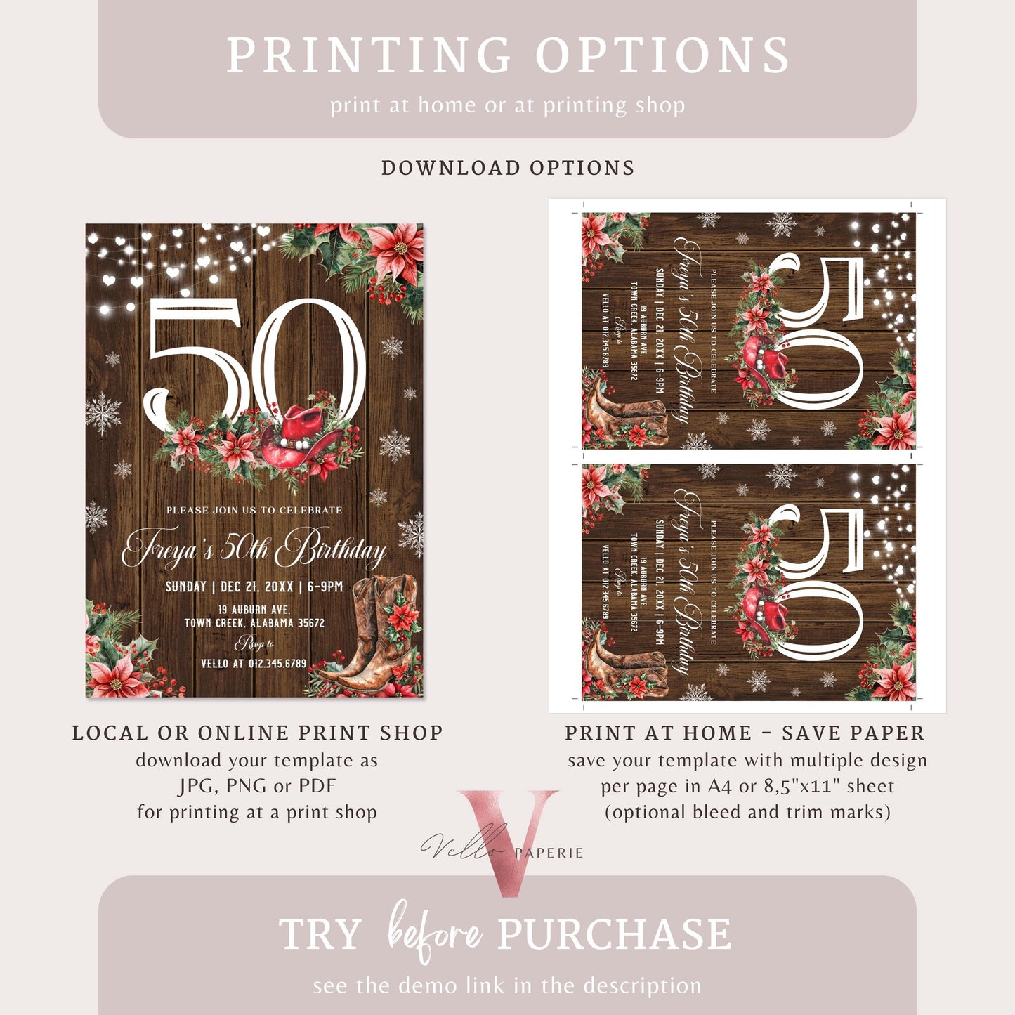 Editable "AGE" Western Christmas Birthday Party Invitation | Merry Little Cowboy Holiday Birthday Party Invite | Rustic Boots Country WCH01
