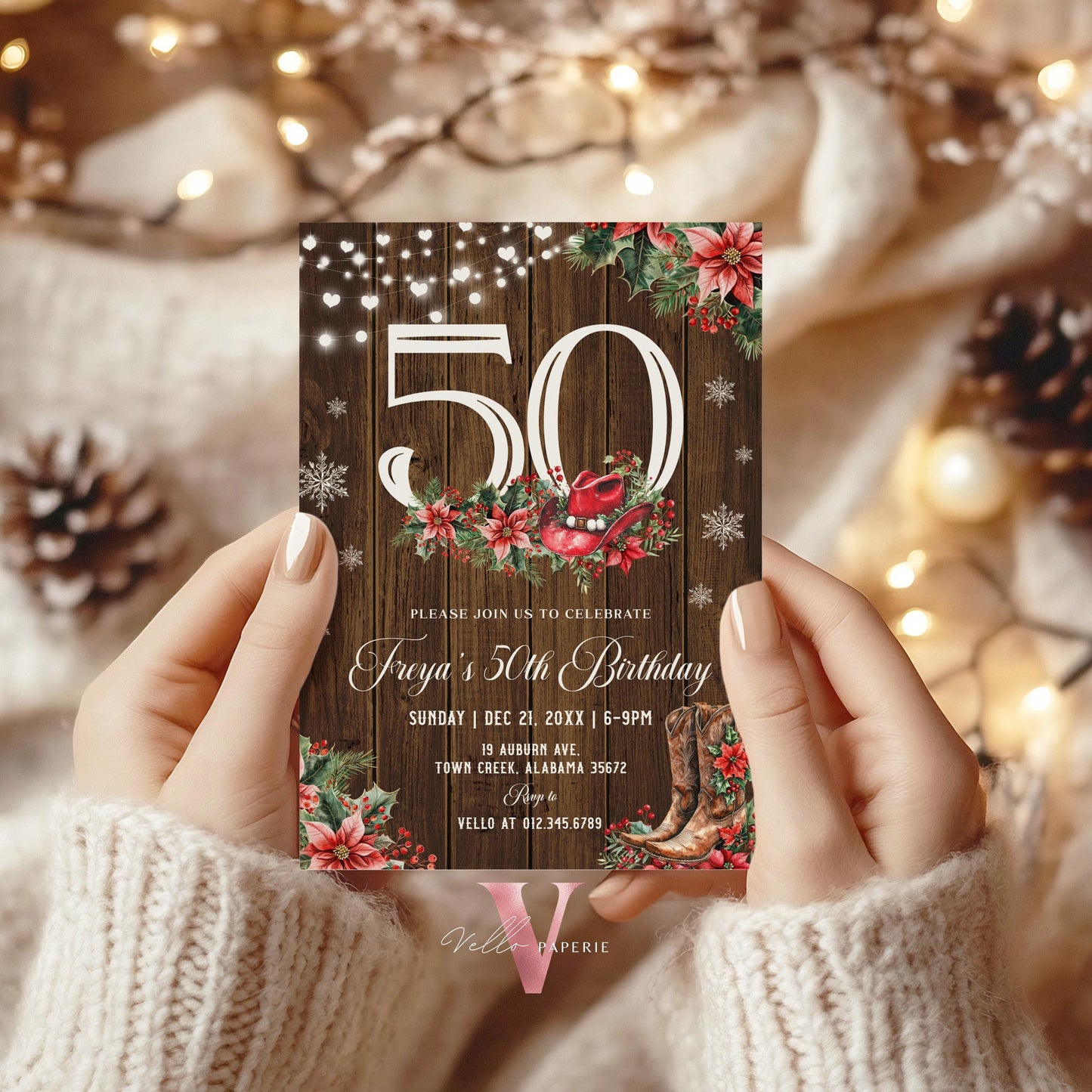 Editable "AGE" Western Christmas Birthday Party Invitation | Merry Little Cowboy Holiday Birthday Party Invite | Rustic Boots Country WCH01