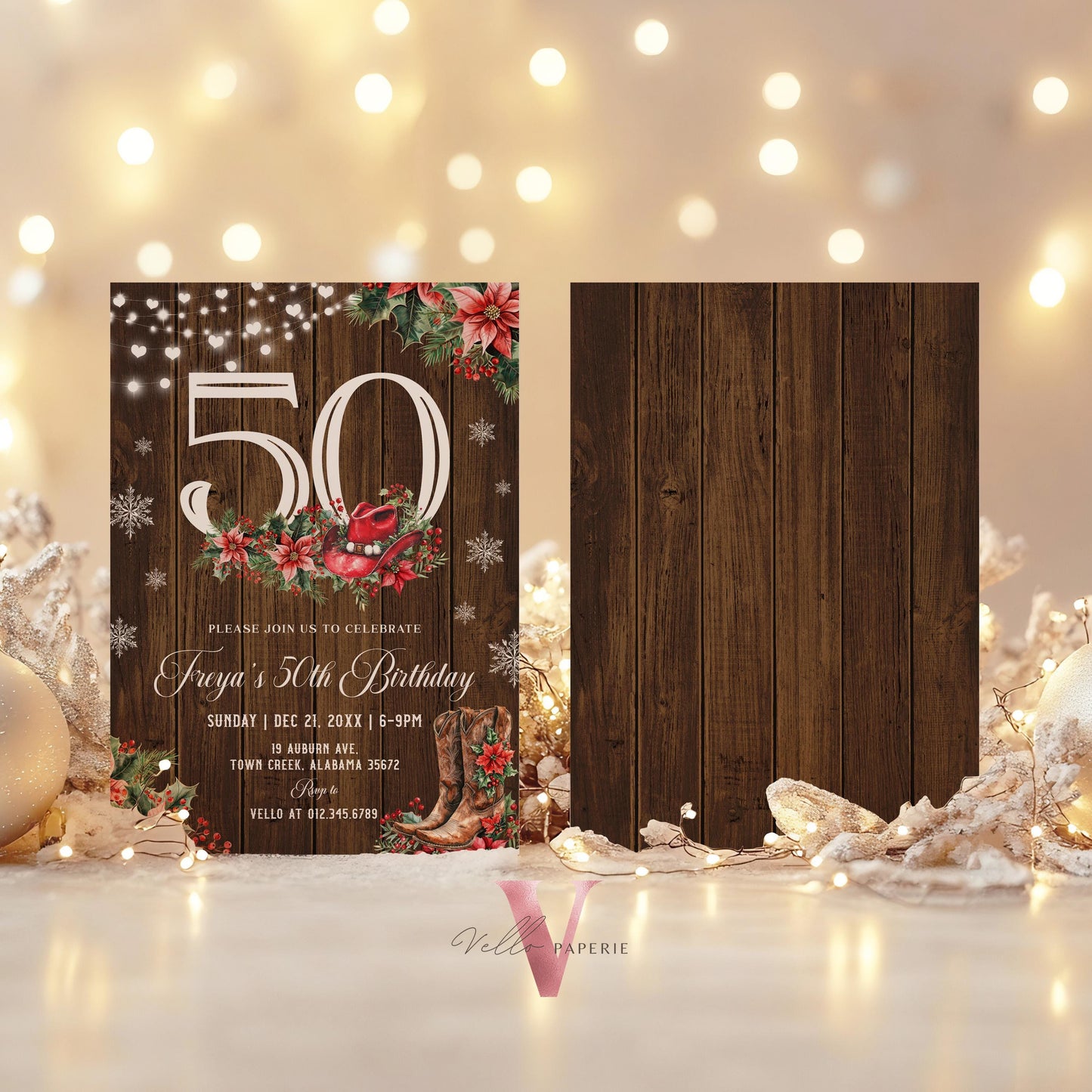 Editable "AGE" Western Christmas Birthday Party Invitation | Merry Little Cowboy Holiday Birthday Party Invite | Rustic Boots Country WCH01