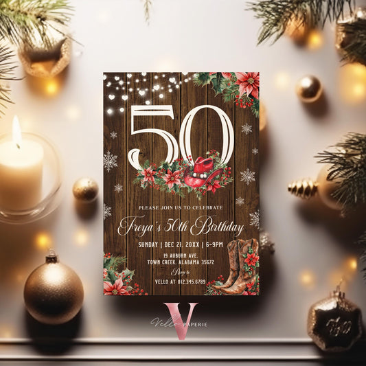 Editable "AGE" Western Christmas Birthday Party Invitation | Merry Little Cowboy Holiday Birthday Party Invite | Rustic Boots Country WCH01