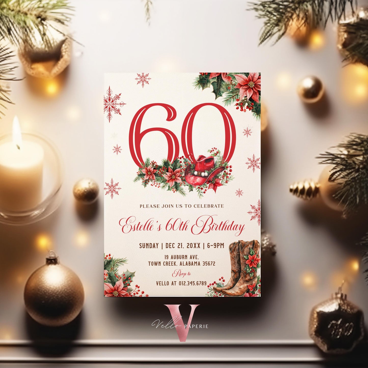 Editable "AGE" Western Christmas Birthday Party Invitation | Merry Little Cowboy Holiday Birthday Party Invite | Rustic Boots Country WCH01
