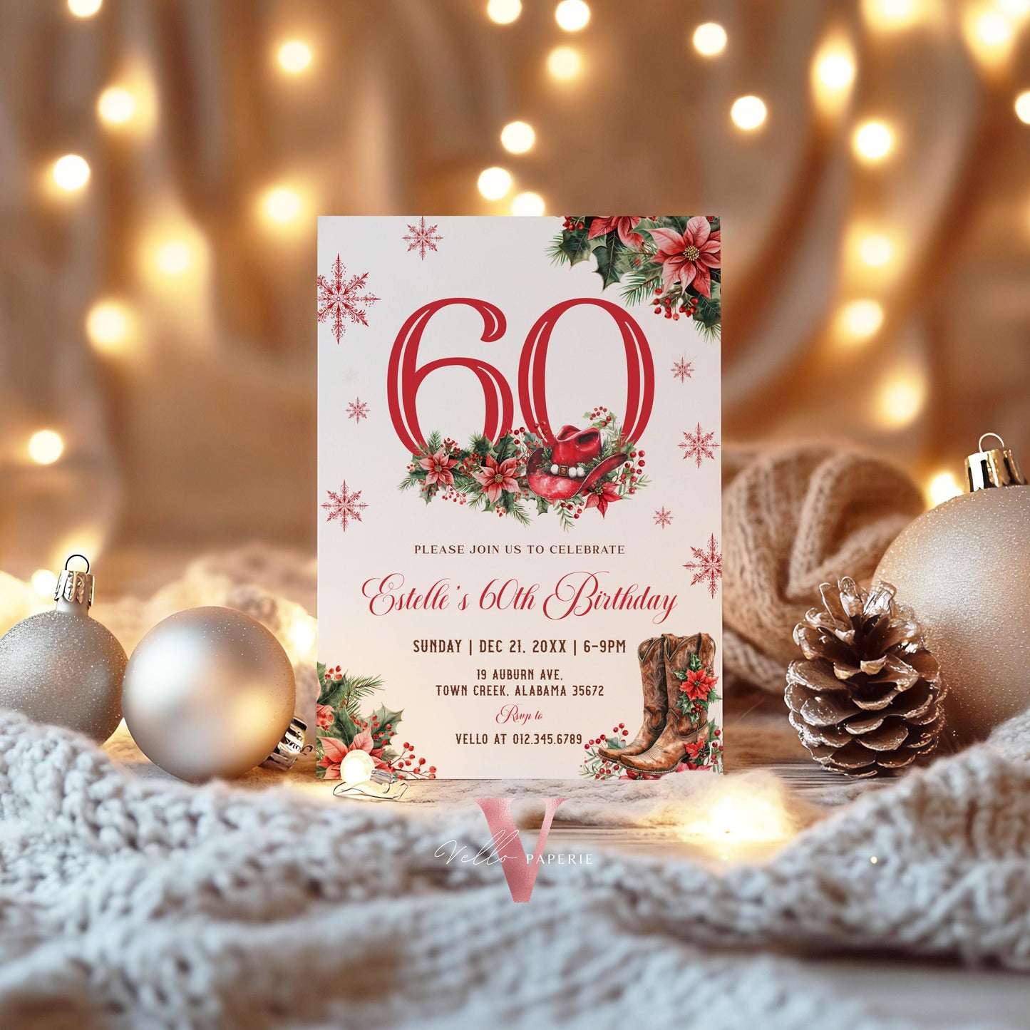 Editable "AGE" Western Christmas Birthday Party Invitation | Merry Little Cowboy Holiday Birthday Party Invite | Rustic Boots Country WCH01