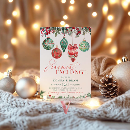 Editable Christmas Ornament Exchange Party Invitation | Merry Little Holiday Party Invite | Neutral Christmas Ornament Swap Friendsmas CHP01