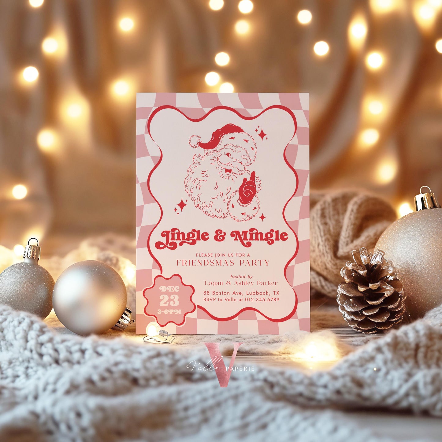 Editable Color Retro Jigle Mingle Christmas Party Invitation | Groovy Santa Invite | Modern Fun Winter Holiday Friendsmas Party Invite CHP01