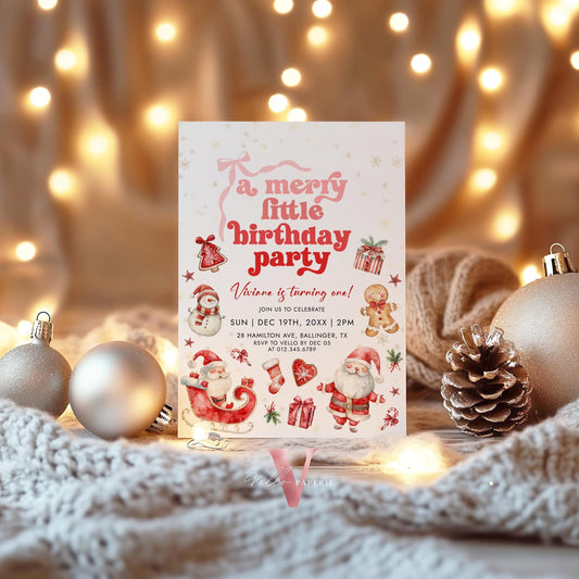 Editable Cute Merry Little Birthday Party Invite | Oh What Fun Christmas Birthday Party Invitation | Sparkle Any Age Christmas Winter Party
