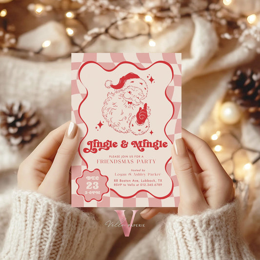 Editable Color Retro Jigle Mingle Christmas Party Invitation | Groovy Santa Invite | Modern Fun Winter Holiday Friendsmas Party Invite CHP01