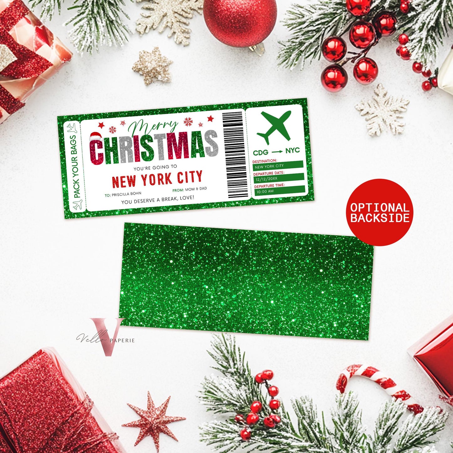 Editable Printable Glitter Christmas Boarding Pass | Vacation Surprise Trip Reveal Ticket | Christmas Travel Ticket Flight Gift CBP12