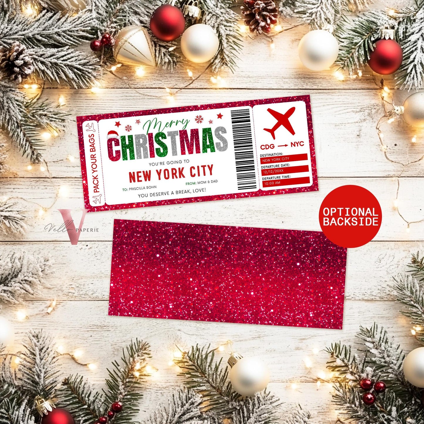 Editable Printable Glitter Christmas Boarding Pass | Vacation Surprise Trip Reveal Ticket | Christmas Travel Ticket Flight Gift CBP12