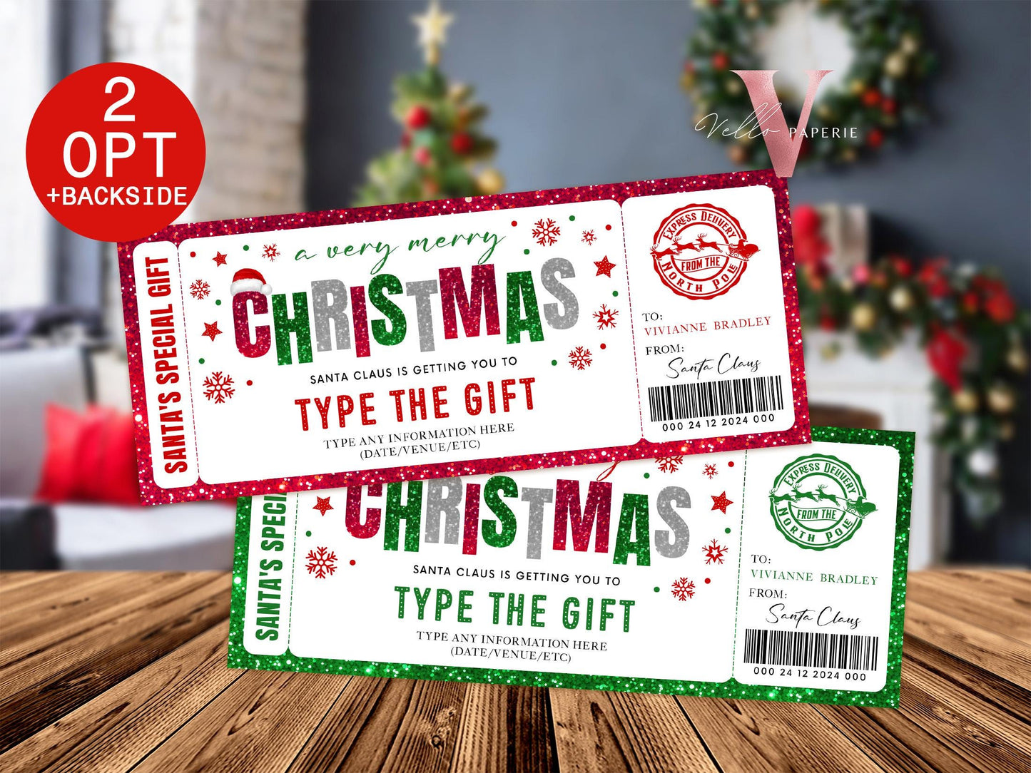 Editable Printable Glitter Santa Claus Gift Ticket | Merry Christmas ANY GIFT, Surprise Reveal Ticket | Red Green North Pole Gift CBP12