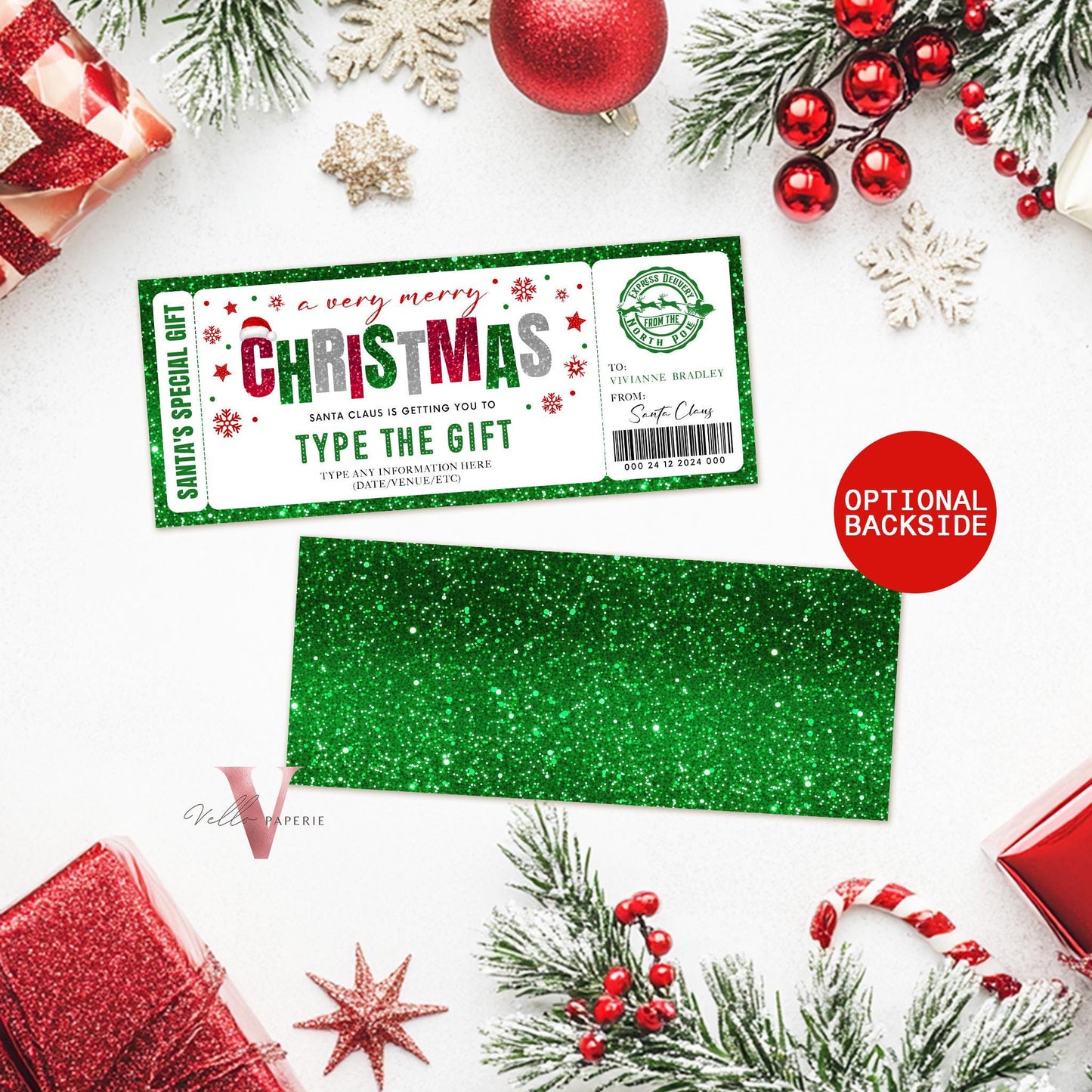 Editable Printable Glitter Santa Claus Gift Ticket | Merry Christmas ANY GIFT, Surprise Reveal Ticket | Red Green North Pole Gift CBP12