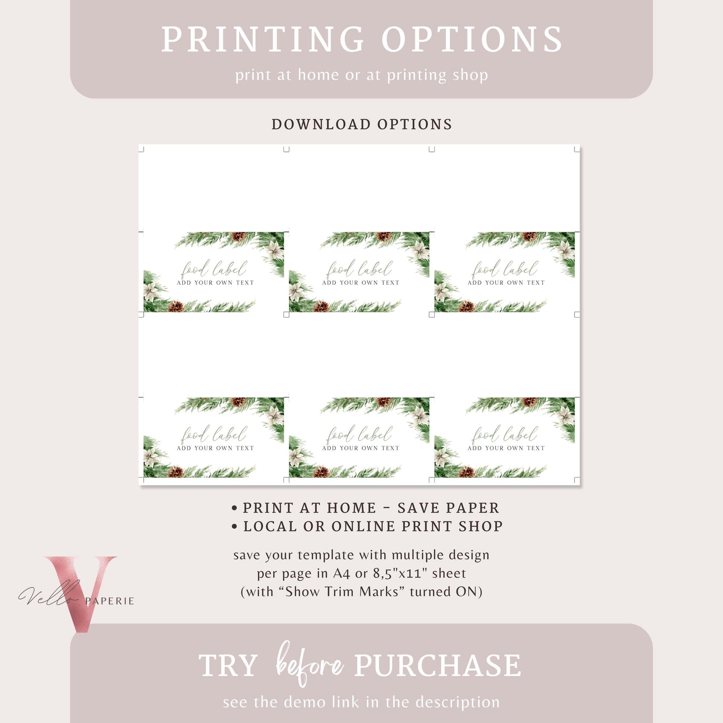 Editable 8 designs Modern Christmas Floral Place Card, Food Label | Holiday Party Name, Seating Card | Boho Green Christmas Tent Card BCPF1