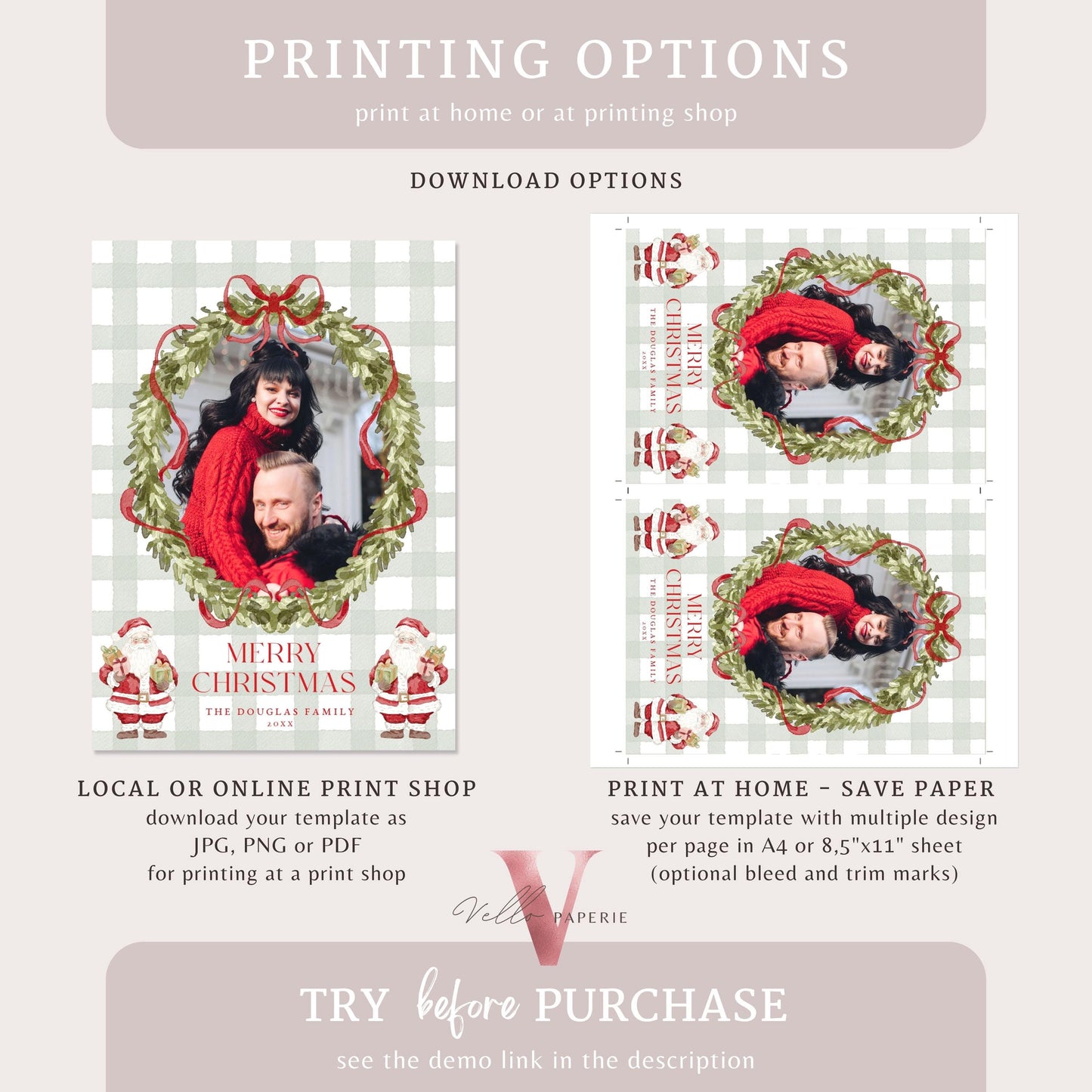 Printable 4 designs Photo Christmas Card Template | Grandmillenial Photo Holiday Card | Cute Classic Christmas Bow Winter Photo GMC12