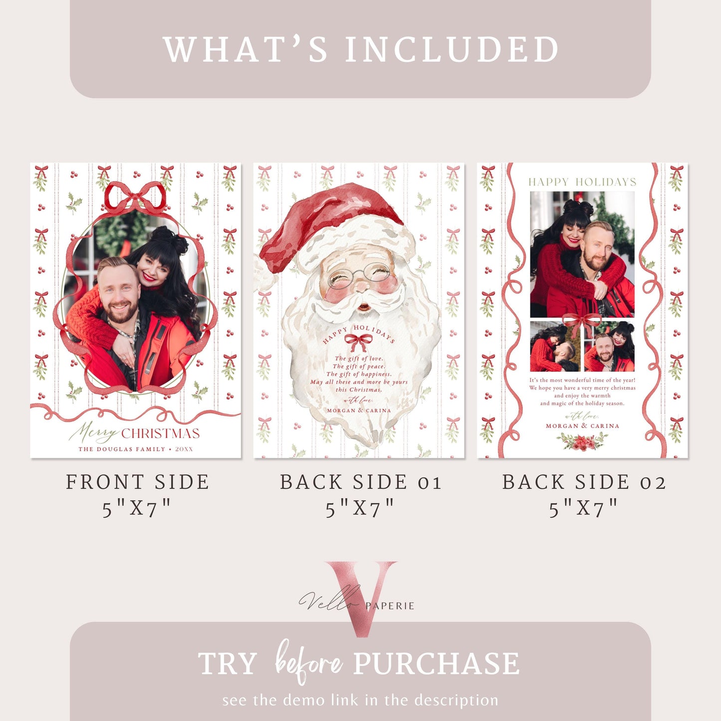 Printable 3 designs Photo Christmas Card Template | Grandmillenial Photo Holiday Card | Cute Classic Christmas Bow Winter Photo GMC12