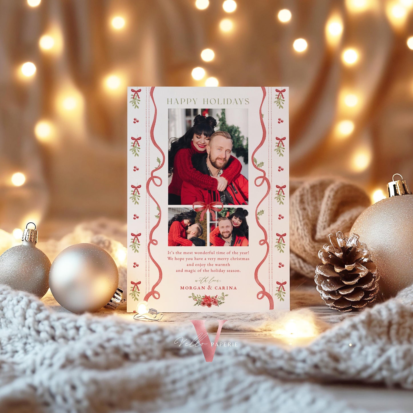 Printable 3 designs Photo Christmas Card Template | Grandmillenial Photo Holiday Card | Cute Classic Christmas Bow Winter Photo GMC12