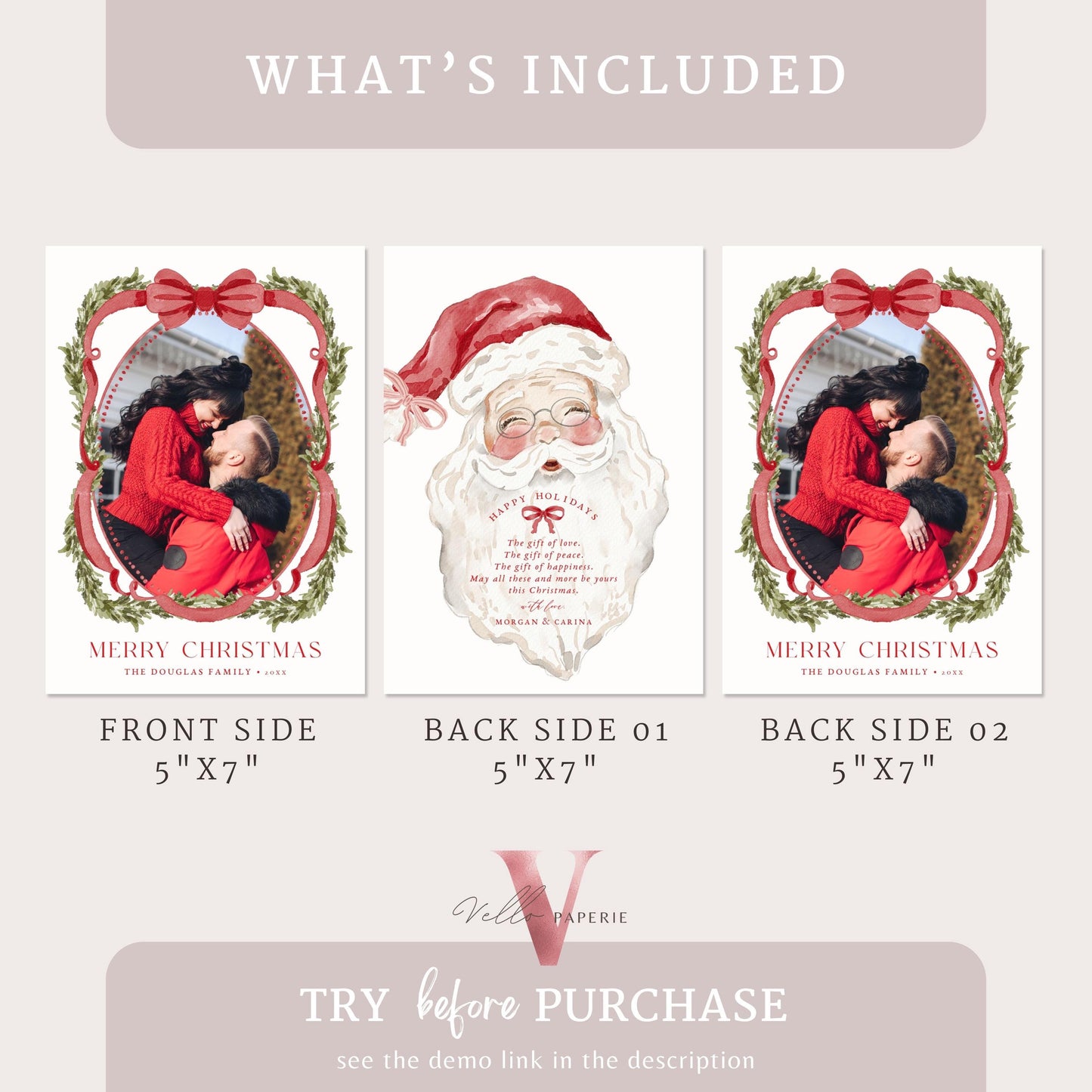 Printable 3 designs Photo Christmas Card Template | Grandmillenial Photo Holiday Card | Cute Classic Christmas Bow Winter Photo GMC12