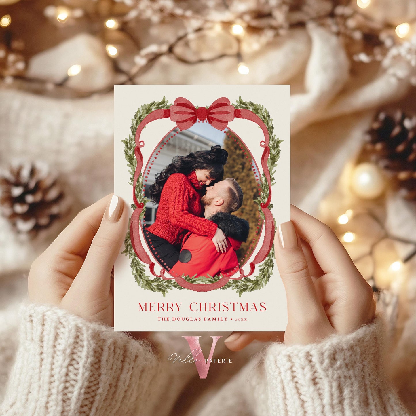 Printable 3 designs Photo Christmas Card Template | Grandmillenial Photo Holiday Card | Cute Classic Christmas Bow Winter Photo GMC12