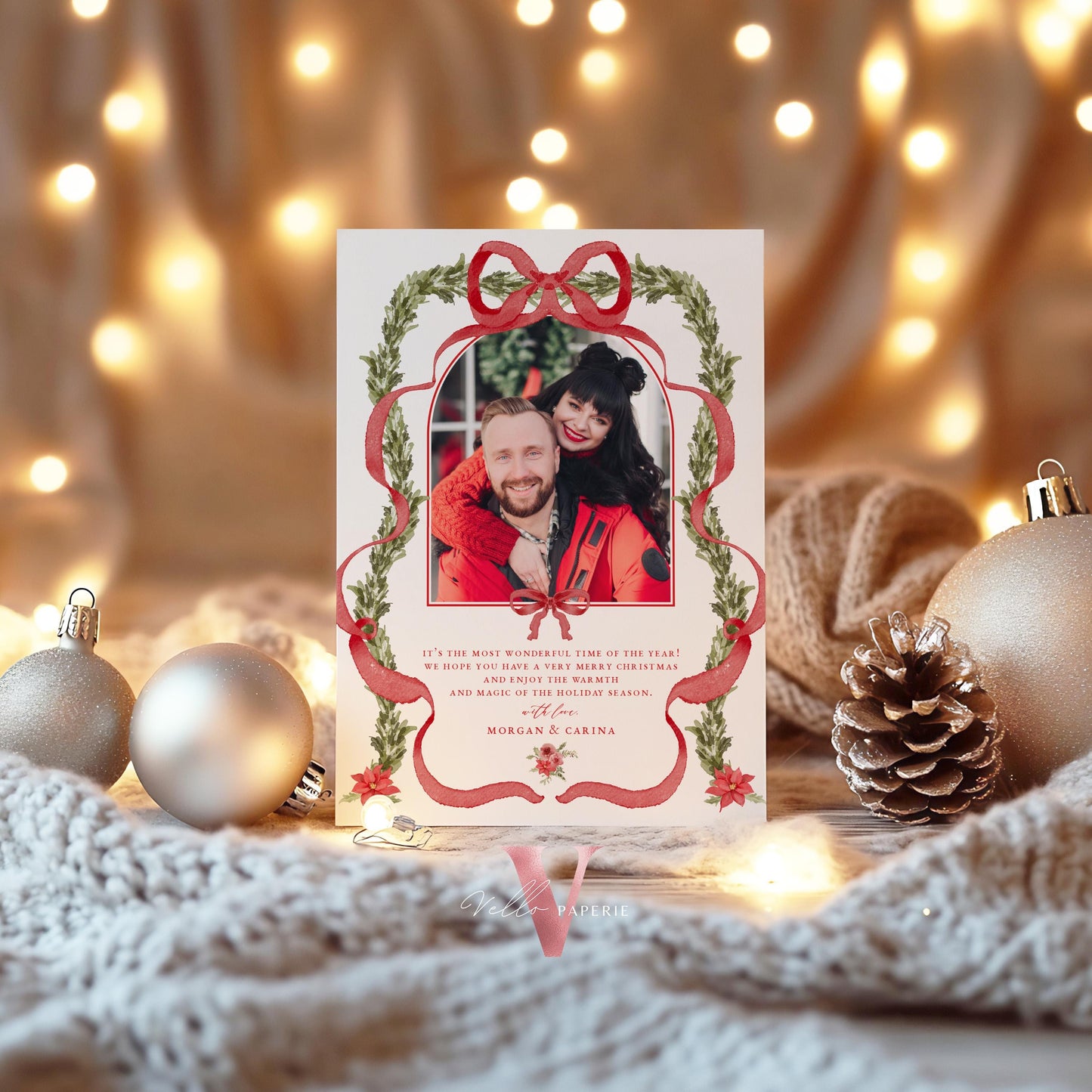 Printable 3 designs Photo Christmas Card Template | Grandmillenial Photo Holiday Card | Cute Classic Christmas Bow Winter Photo GMC12