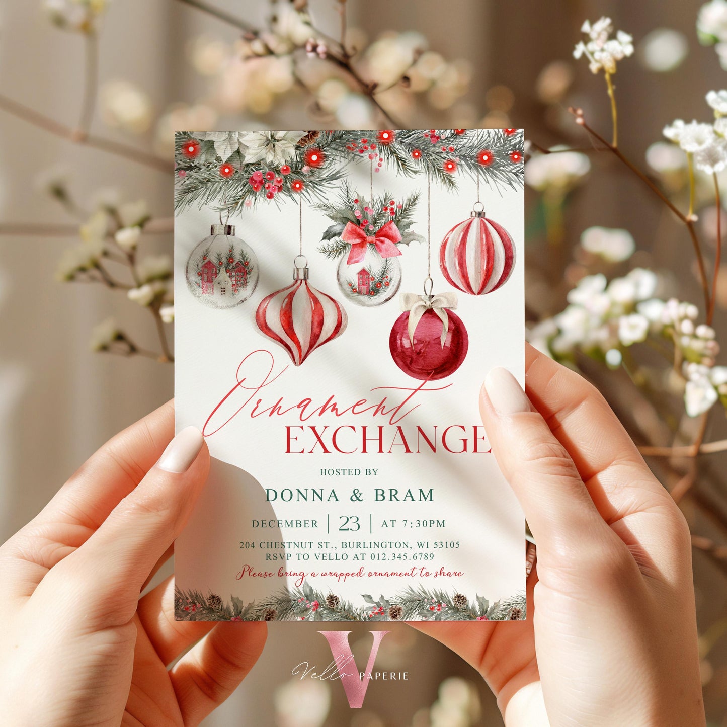 Editable Christmas Ornament Exchange Party Invitation | Merry Little Holiday Party Invite | Neutral Christmas Ornament Swap Friendsmas CHP01