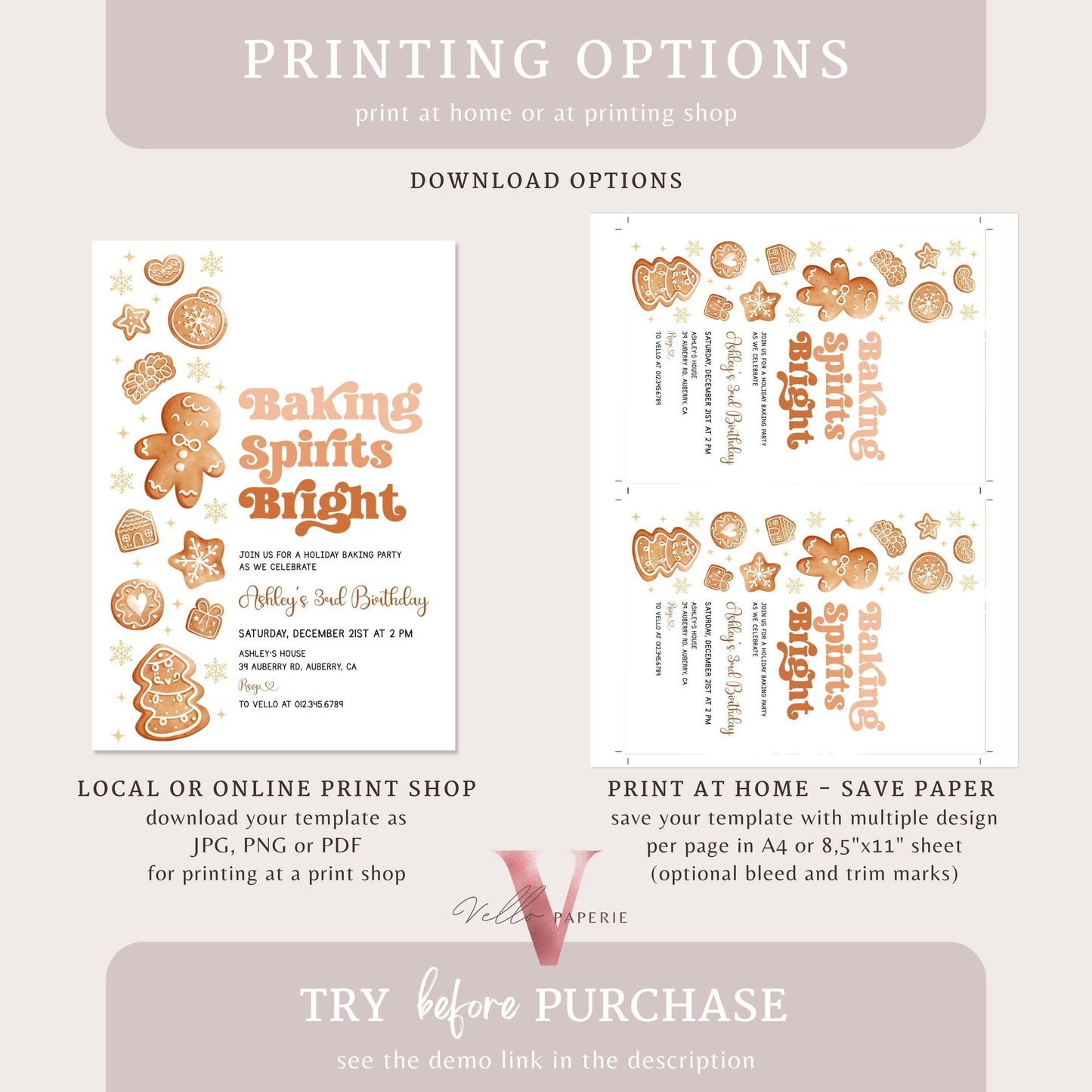 Editable Baking Spirits Bright Birthday Party Invite | Fun Holiday Baking Party Invitation | Modern Neutral Cookie Christmas Birthday Party
