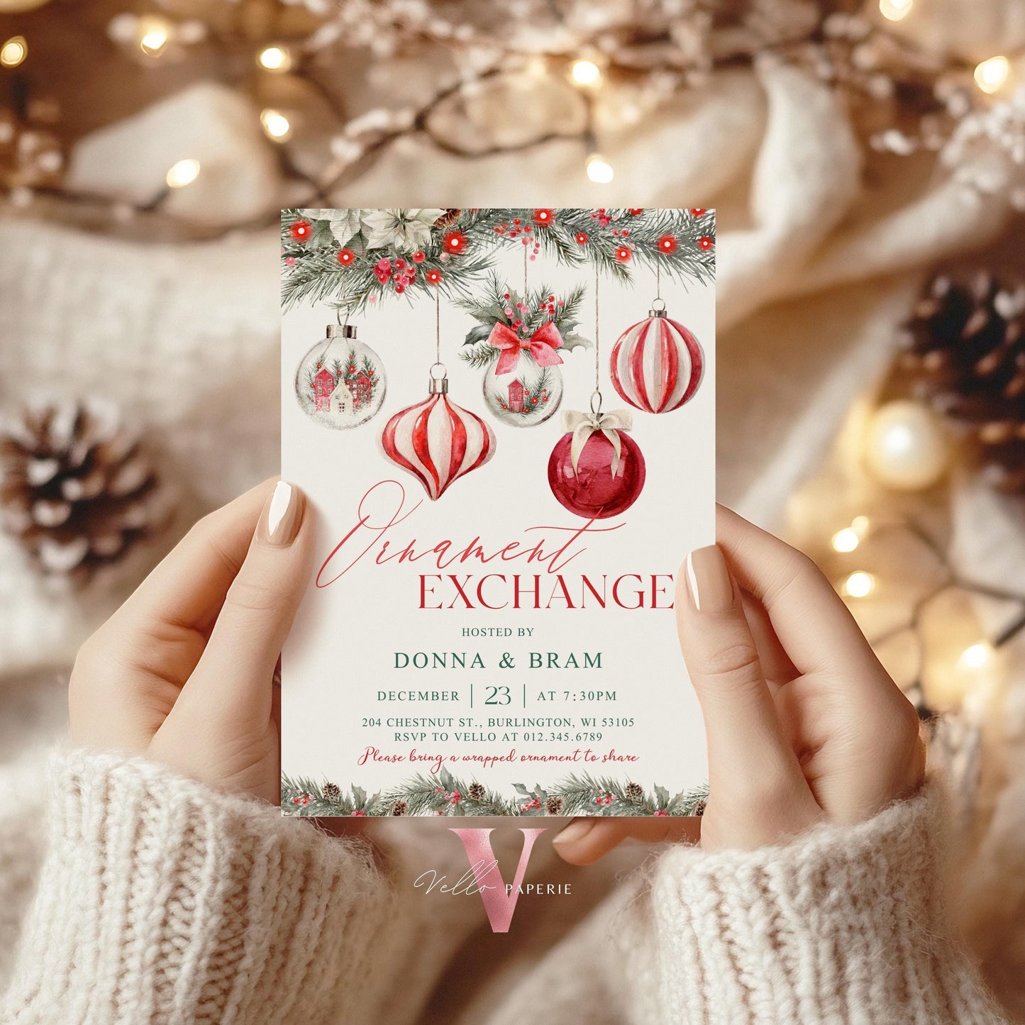 Editable Christmas Ornament Exchange Party Invitation | Merry Little Holiday Party Invite | Neutral Christmas Ornament Swap Friendsmas CHP01