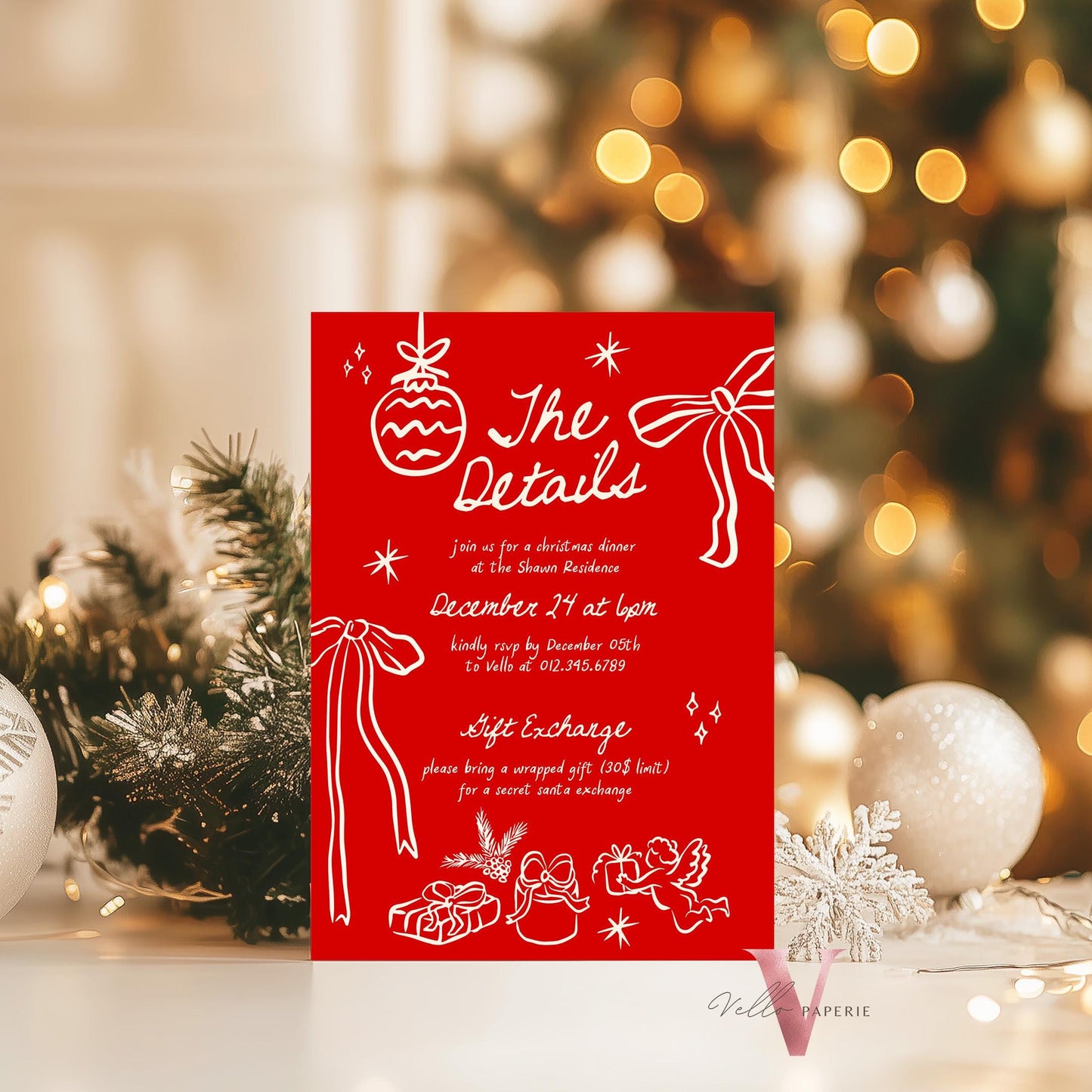 Full Editable Handdrawn Whimsical Christmas Party Invitation | Handwritting Friendsmas Party Invite | Red Green Holiday Cocktail Party WCP01