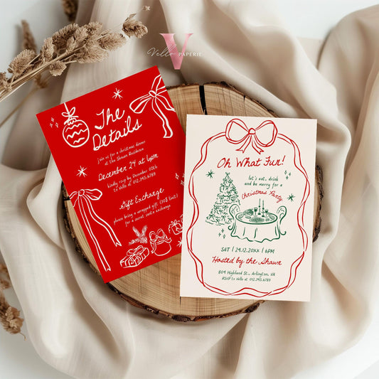 Full Editable Handdrawn Whimsical Christmas Party Invitation | Handwritting Friendsmas Party Invite | Red Green Holiday Cocktail Party WCP01