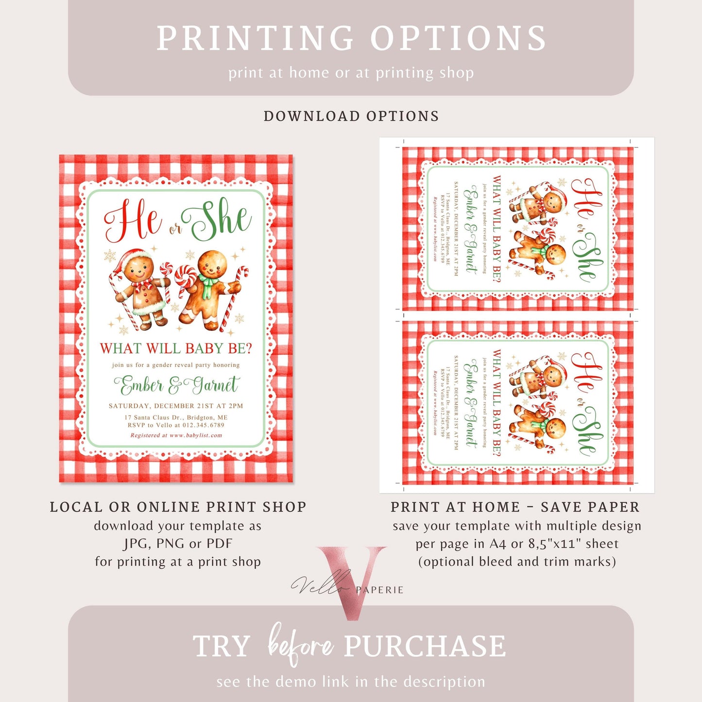 He or She Gingerbread Baby Shower Invitation | Winter Gender Reveal Cookie Baby Invite | Red Green Gingerbread Christmas Gingham CWBS01
