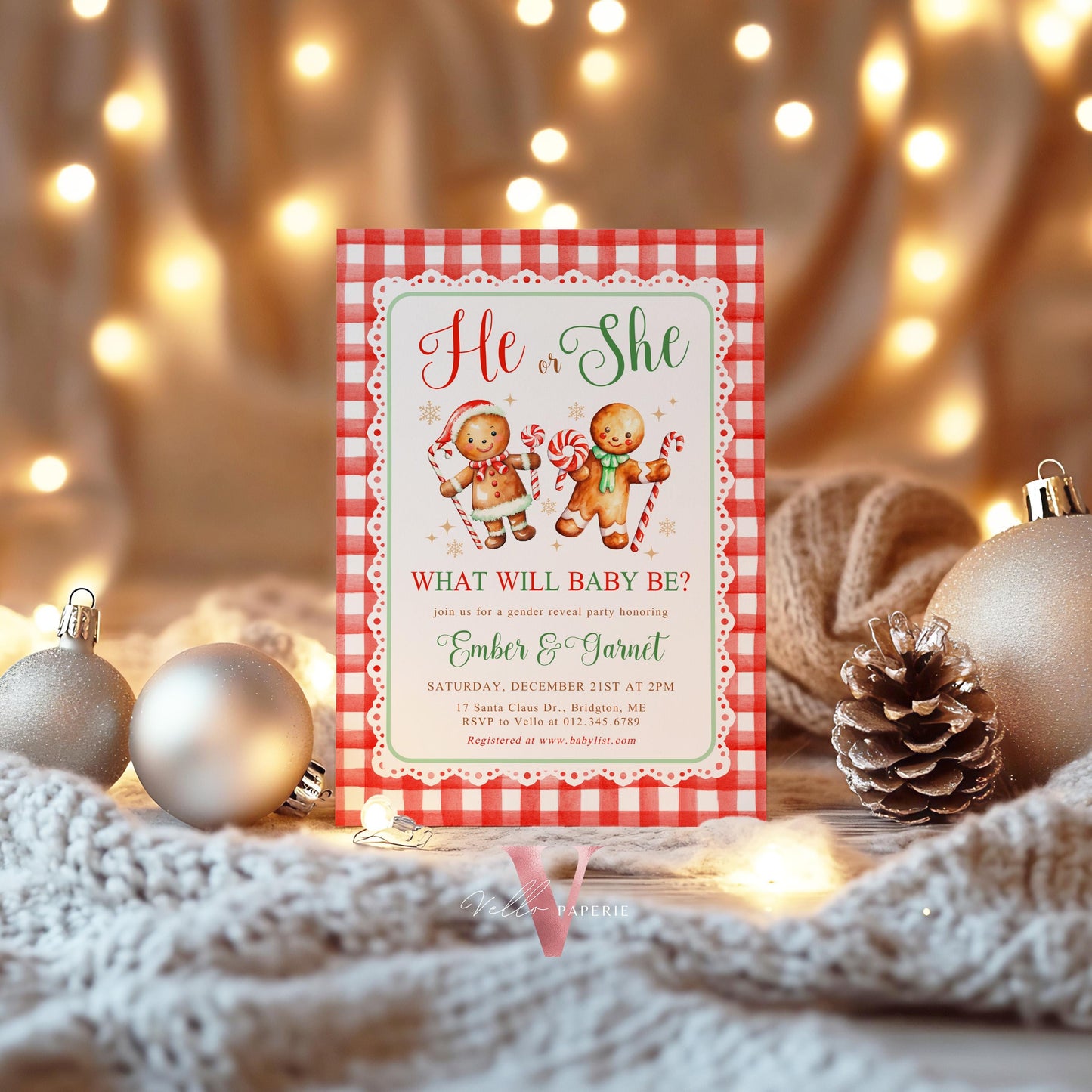 He or She Gingerbread Baby Shower Invitation | Winter Gender Reveal Cookie Baby Invite | Red Green Gingerbread Christmas Gingham CWBS01
