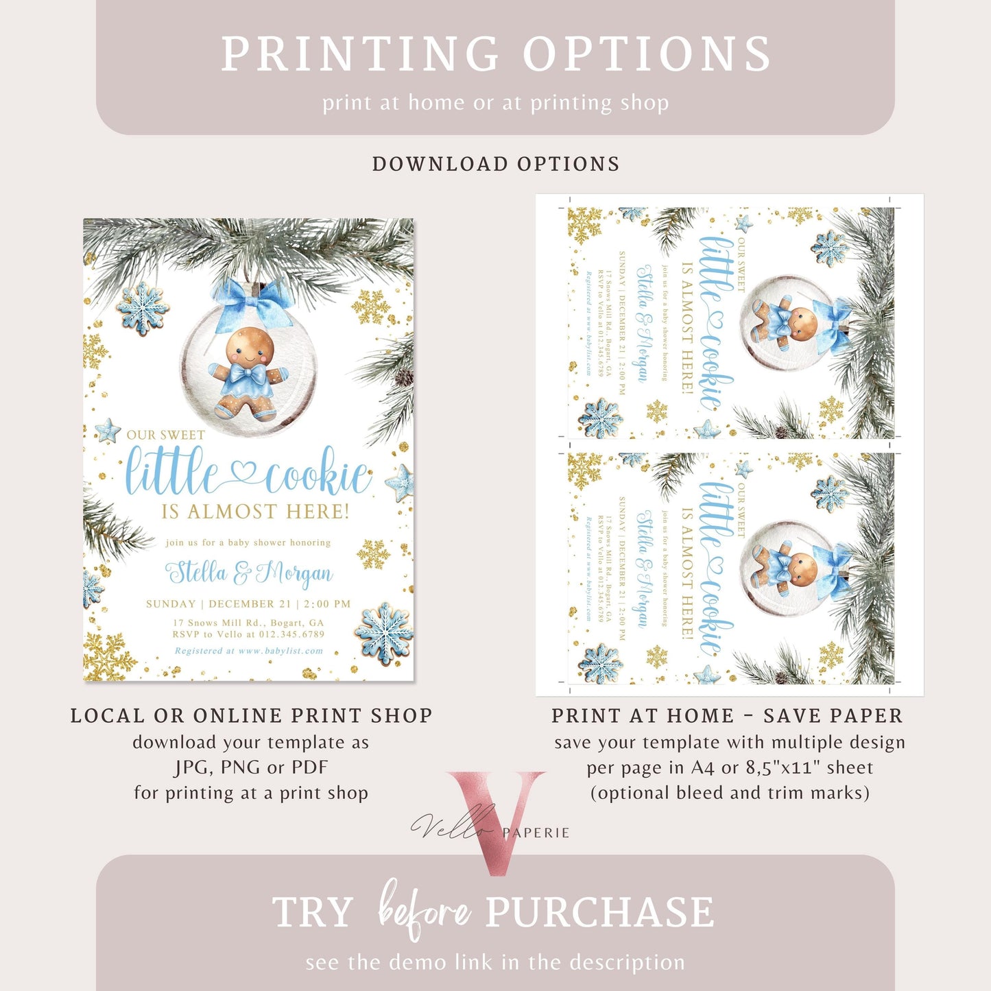 Winter Little Cookie on the way Shower Invite | Boy Gingerbread Baby Shower Invitation | Blue Gold Gingerbread on Christmas Bauble CWBS01