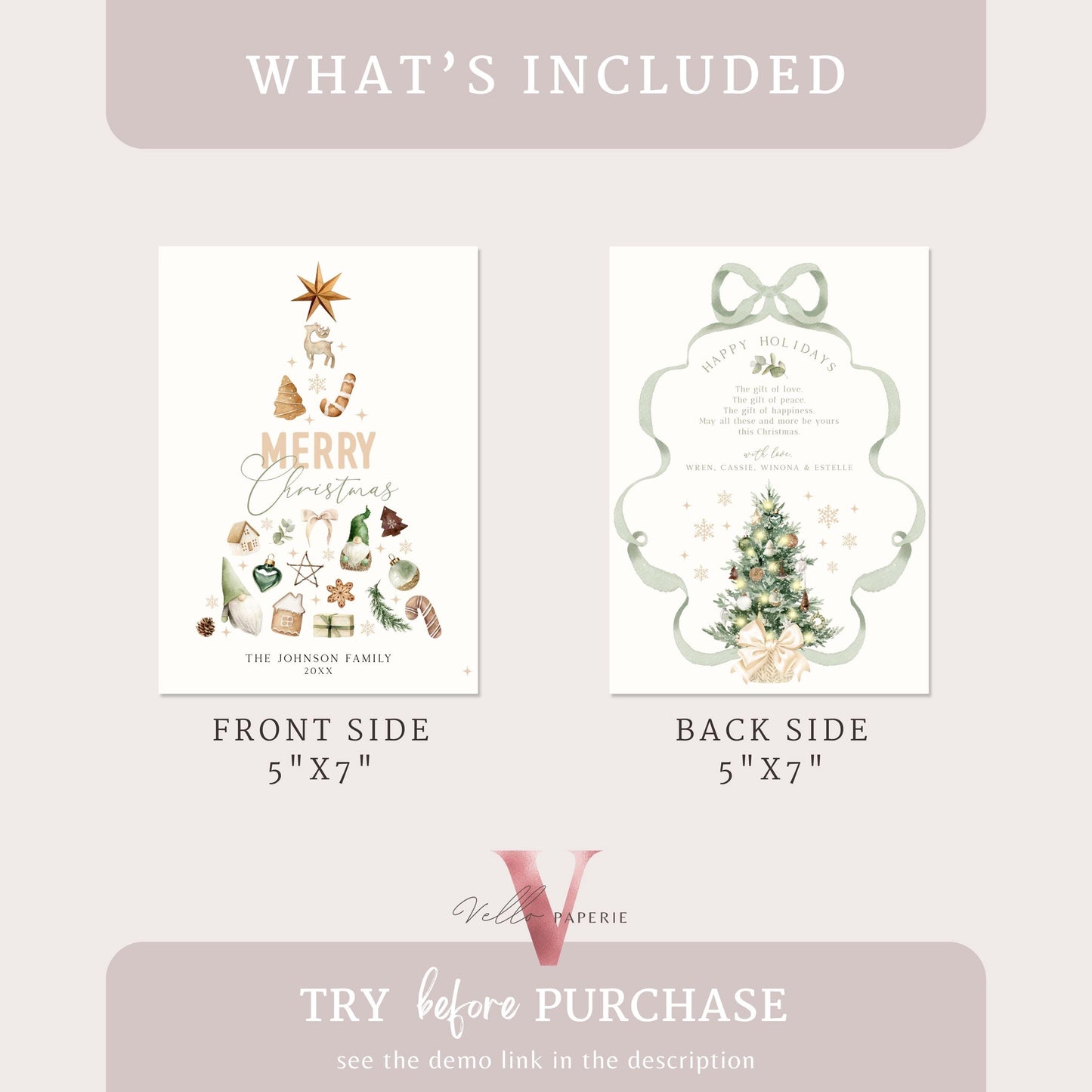 Editable Printable Modern Christmas Tree Greetings Card | DIY Merry Christmas Card Template | Neutral Boho Holiday Card  BCPF1