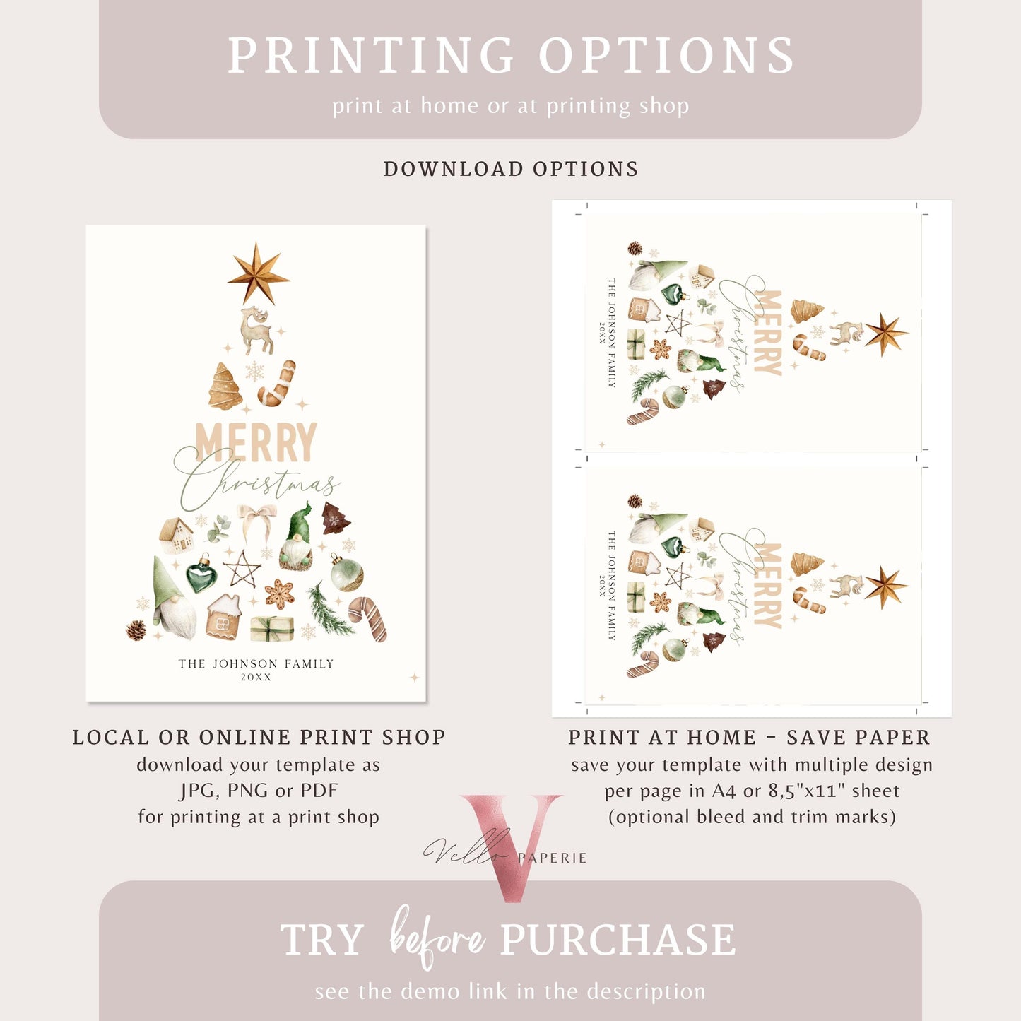 Editable Printable Modern Christmas Tree Greetings Card | DIY Merry Christmas Card Template | Neutral Boho Holiday Card  BCPF1