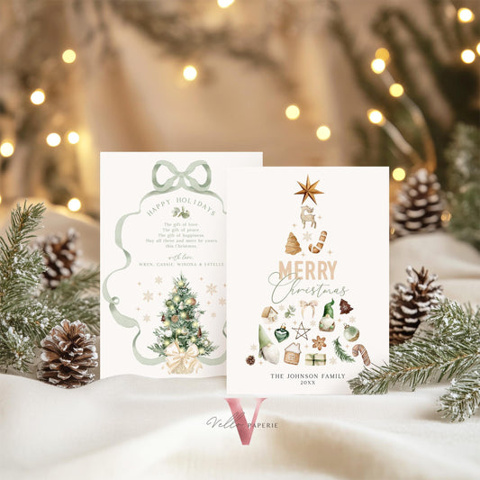 Editable Printable Modern Christmas Tree Greetings Card | DIY Merry Christmas Card Template | Neutral Boho Holiday Card  BCPF1