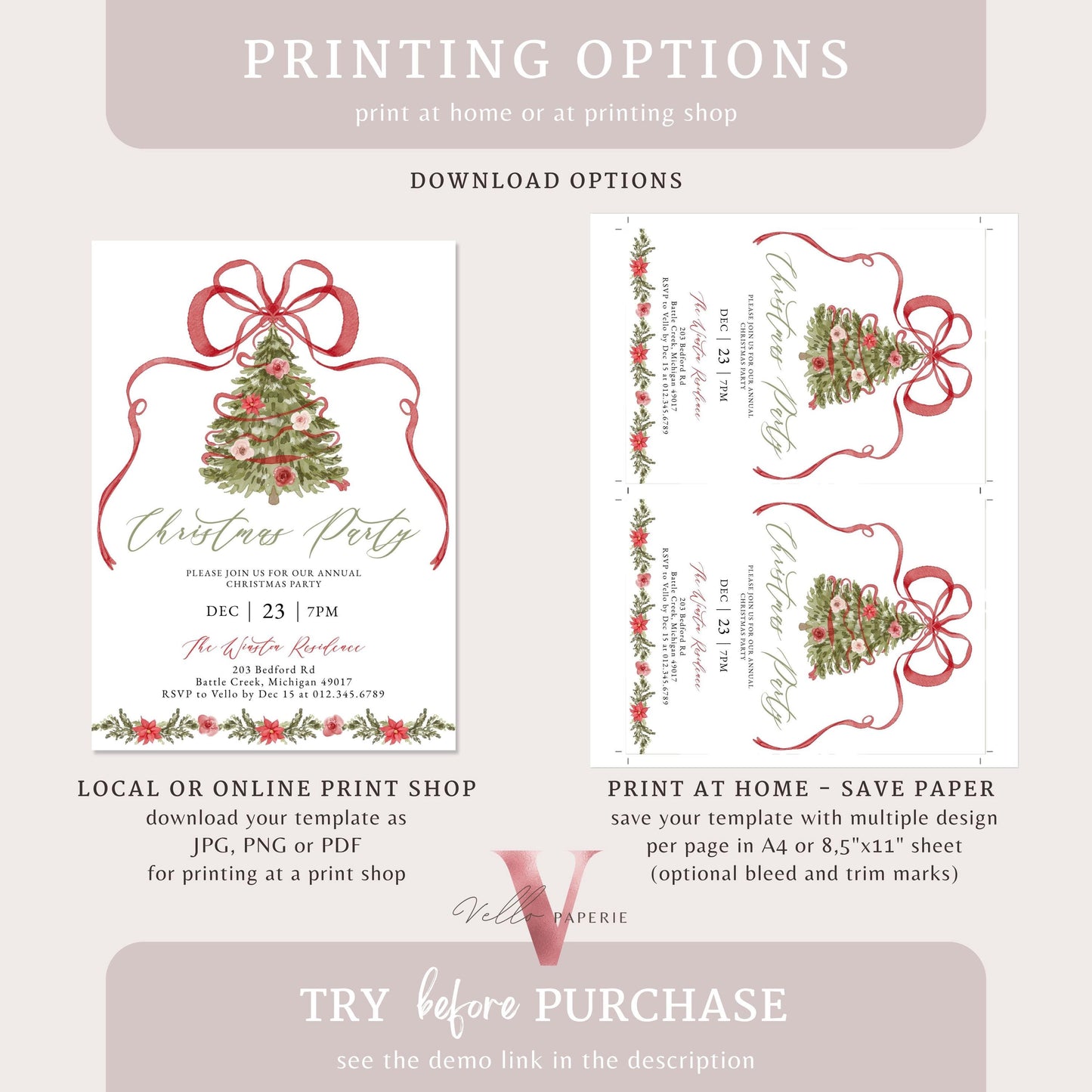 Editable Grandmillenial Christmas Party Invitation | Christmas Tree Open House Invite | Red Bow, Watercolor Santa, Friendsmas Party GMC12
