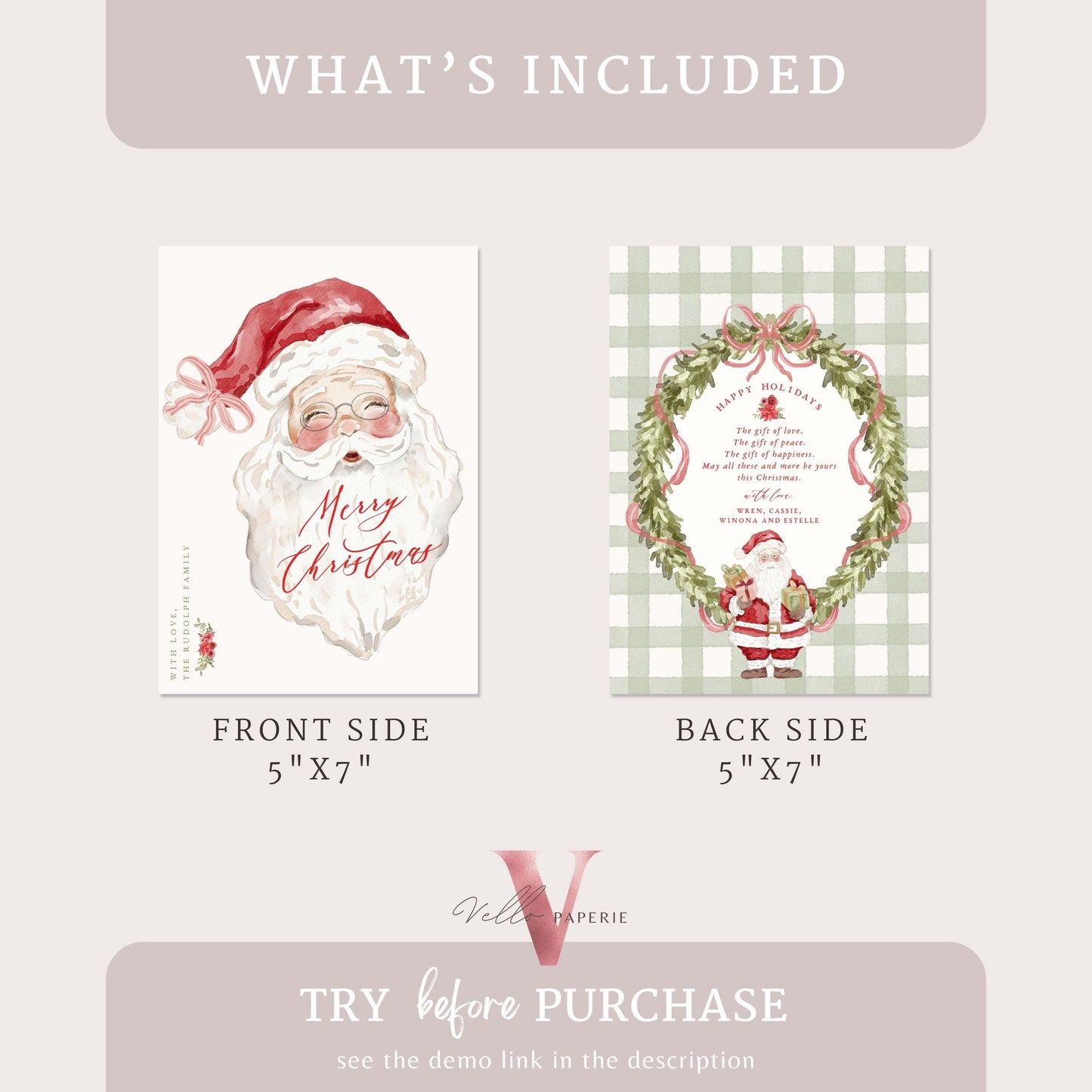 Editable Printable Grandmillenial Christmas Greetings Card | Watercolor Merry Christmas Card Template | Santa and Wreath Holiday Card  BCPF1