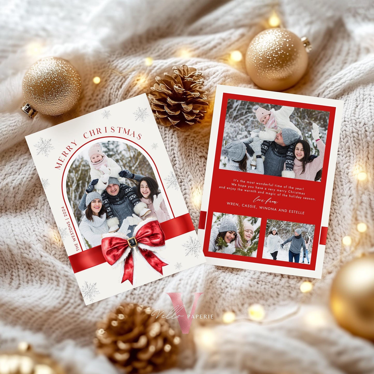 Printable 3 Designs Modern Photo Christmas Card Template | Red Santa Bow Photo Holiday Card | Minimalist Arch Winter Christmas Photo PCC12