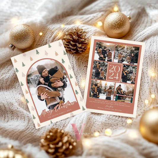 Printable Boho Photo Christmas 3 Card Template | Modern Bohemian Winter Photo Holiday Card | Arch Photo Frame Christmas Tree Greeting PCC12