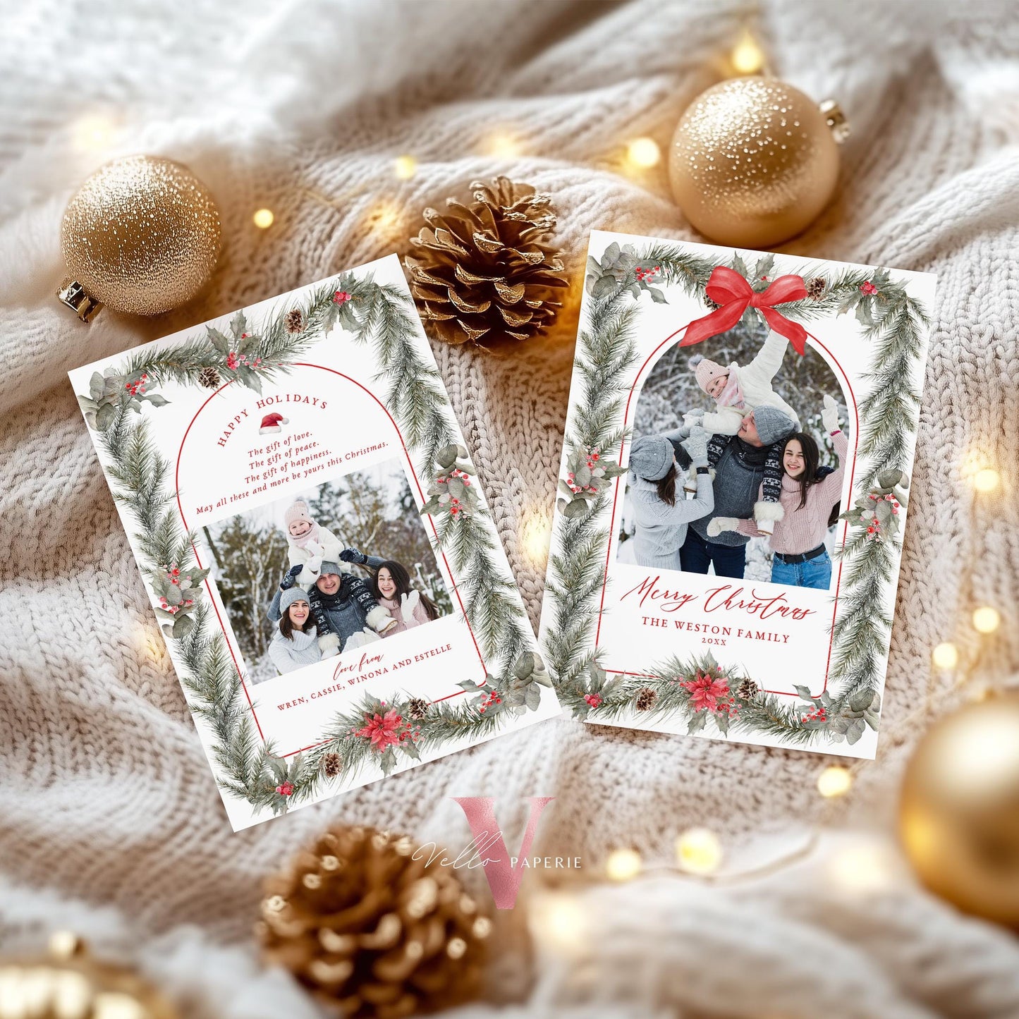 Printable 2Side Photo Christmas Card Template | Neutral Beige Gold Photo Holiday Card | Classic Botanical Christmas Bow Winter Photo PCC12