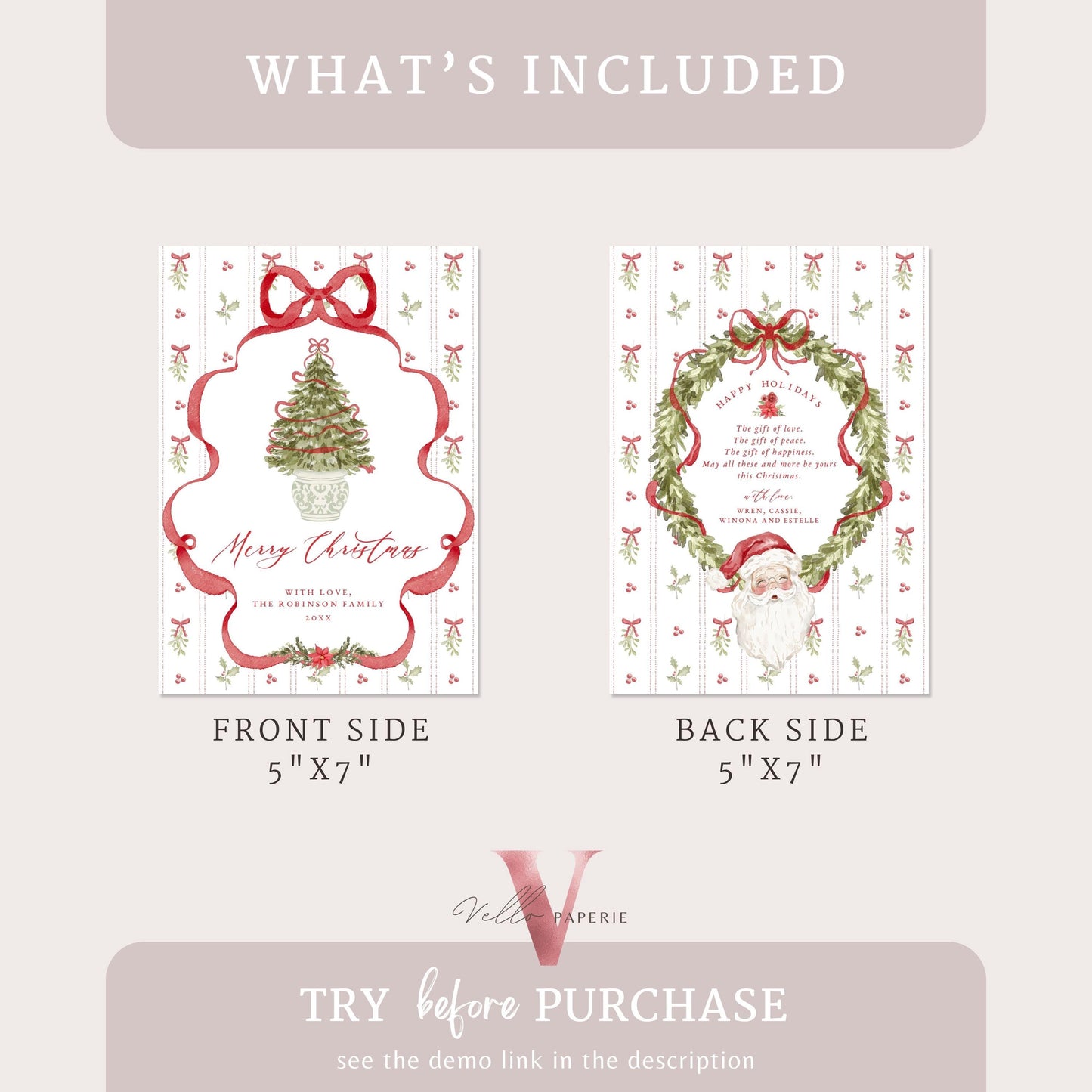 Editable Printable Grandmillenial Christmas Greetings Card | Watercolor Merry Christmas Card Template | Red Bow Santa Holiday Card  BCPF1