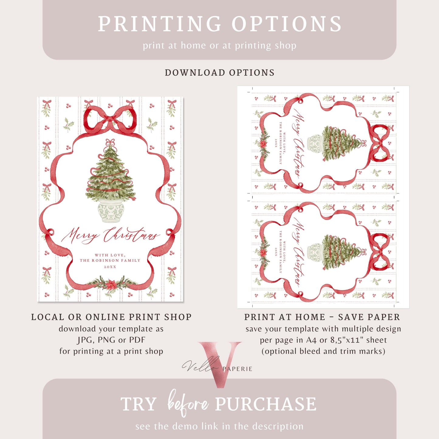 Editable Printable Grandmillenial Christmas Greetings Card | Watercolor Merry Christmas Card Template | Red Bow Santa Holiday Card  BCPF1