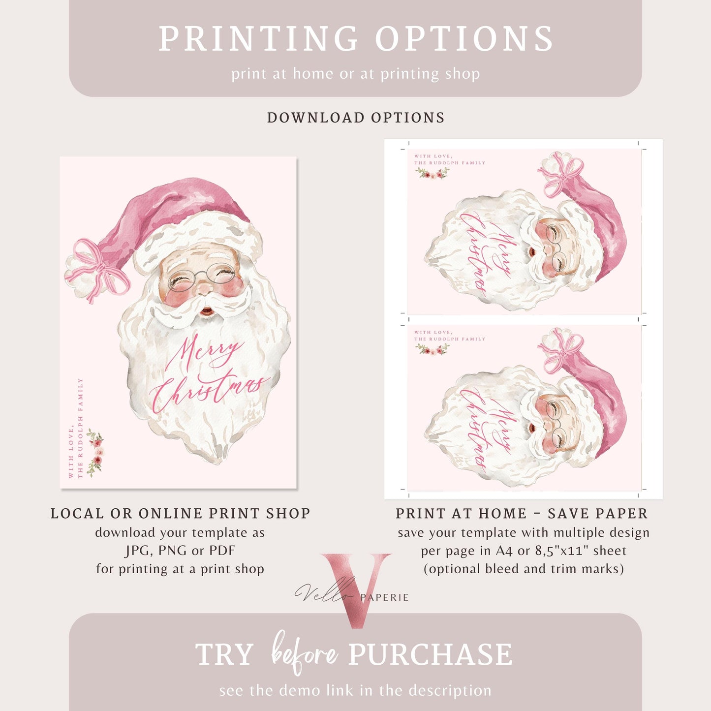 Editable Printable Grandmillenial Christmas Greetings Card | Pink Watercolor Merry Christmas Card | Santa and Wreath Holiday Card  BCPF1