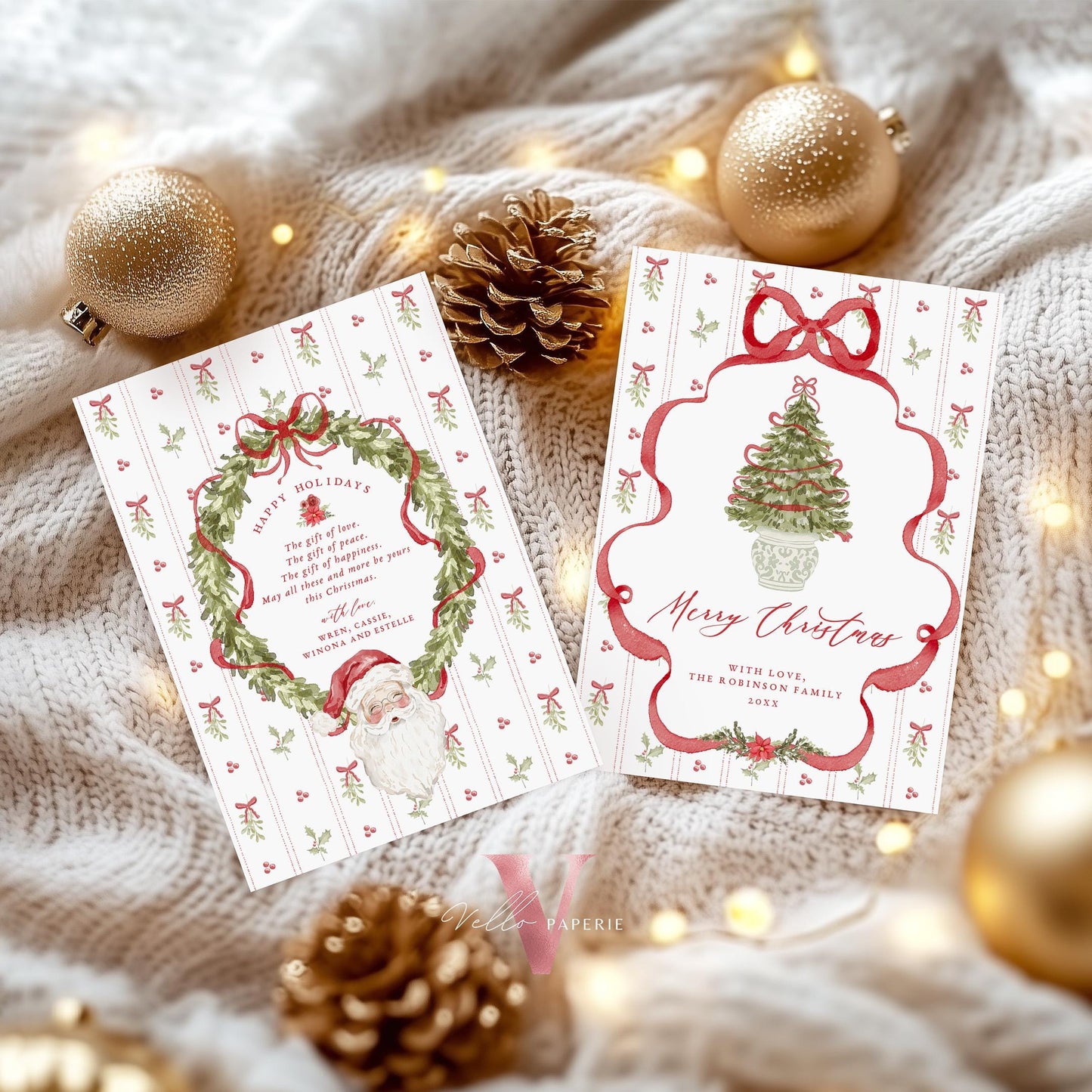 Editable Printable Grandmillenial Christmas Greetings Card | Watercolor Merry Christmas Card Template | Red Bow Santa Holiday Card  BCPF1