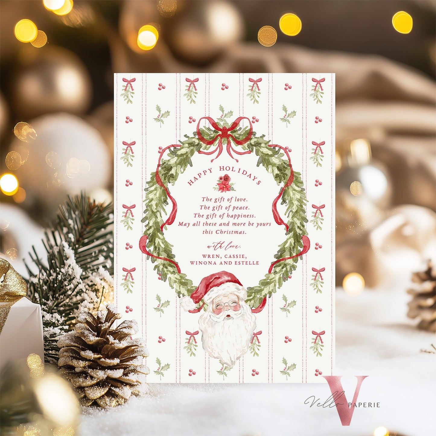 Editable Printable Grandmillenial Christmas Greetings Card | Watercolor Merry Christmas Card Template | Red Bow Santa Holiday Card  BCPF1